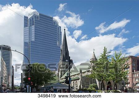 Canada. Province of Quebec, Montreal. The city center. Rue Sainte Catherine west. Cathedrale Christ Church (anglican) and KPMG tower View Large Photo Image Stock Photo - Canada. Province of Quebec, Montreal. The city center. Rue Sainte Catherine west. Cathedrale Christ Church (anglican) and KPMG tower. Fotosearch