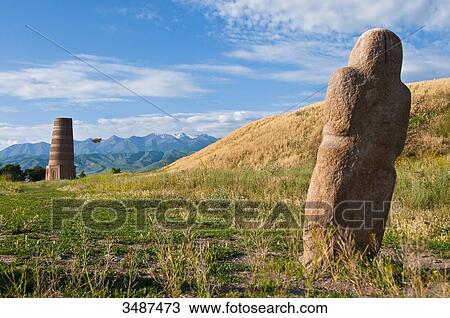 Stock Image - Central Asia, Kyrgyzstan, Chuy province, Burana Tower (11th), archeological site, minaret, remains of the ancient city of Balasagyn. Fotosearch