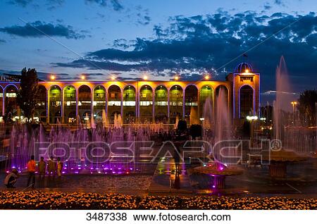 Central Asia, Kyrgyzstan, Chuy province, capital Bishkek, Ala-Too place lighted at night View Large Photo Image Stock Photo - Central Asia, Kyrgyzstan, Chuy province, capital Bishkek, Ala-Too place lighted at night. Fotosearch