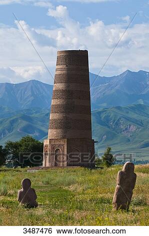 Stock Photograph - Central Asia, Kyrgyzstan, Chuy province, Burana Tower (11th), archeological site, minaret, remains of the ancient city of Balasagyn. Fotosearch