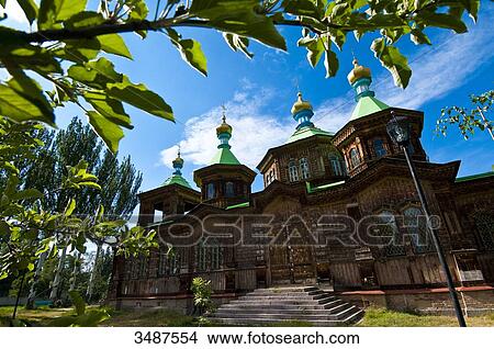 Picture - Central Asia, Kyrgyzstan, Issyk Kul Province (Ysyk-Kl), Karakol, the wooden orthodox cathedral of Saint Trinity (1895). Fotosearch