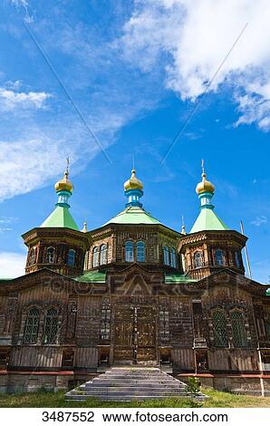 Stock Image - Central Asia, Kyrgyzstan, Issyk Kul Province (Ysyk-Kl), Karakol, the wooden orthodox cathedral of Saint Trinity (1895). Fotosearch