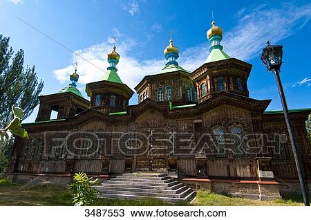 Stock Image - Central Asia, Kyrgyzstan, Issyk Kul Province (Ysyk-Kl), Karakol, the wooden orthodox cathedral of Saint Trinity (1895). Fotosearch