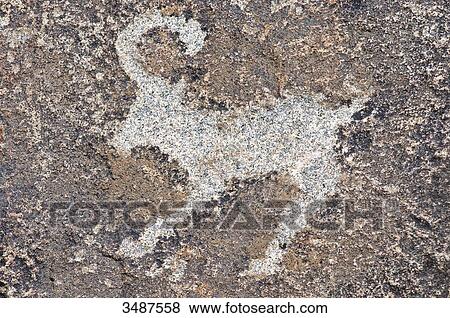 Stock Photo - Central Asia, Kyrgyzstan, Issyk Kul Province (Ysyk-Kl), Issyk Kul Lake, Cholpon Ata, petroglyph depicting a hunting scene. Fotosearch