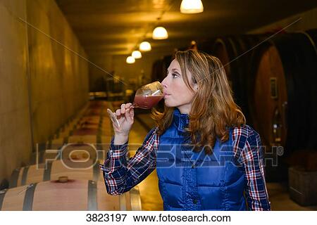 cheerful young woman oenologist tasting a glass of wine in cellar with wine barrel in background- Cepage Grenache, Chateauneuf du Pape, cotes du Rhone, France View Large Photo Image Stock Photo - cheerful young woman oenologist tasting a glass of wine in cellar with wine barrel in background- Cepage Grenache, Chateauneuf du Pape, cotes du Rhone, France. Fotosearch