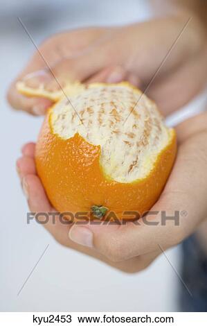 Close-up of a woman's hand peeling an orange View Large Photo Image Stock Image - Close-up of a woman's hand peeling an orange. Fotosearch