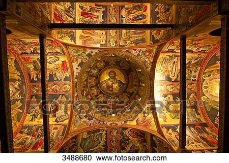 Stock Image - Europe, Grece, Plain of Thessaly, Valley of Penee, World Heritage of UNESCO since 1988, Orthodox Christian monasteries of Meteora perched atop impressive gray rock masses sculpted by erosion, Monastery of Saint Stephane, Saint Charalambos church. Fotosearch