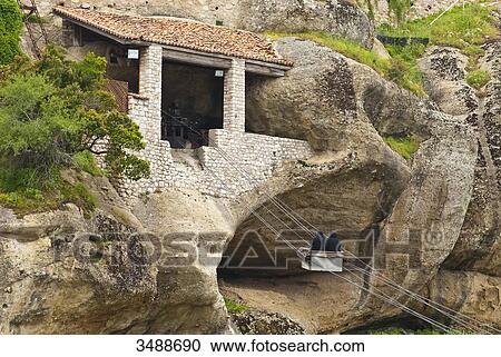 Europe, Grece, Plain of Thessaly, Valley of Penee, World Heritage of UNESCO since 1988, Orthodox Christian monasteries of Meteora perched atop impressive gray rock masses sculpted by erosion, Monastery of Varlaam, monks going from one side to the other View Large Photo Image Stock Image - Europe, Grece, Plain of Thessaly, Valley of Penee, World Heritage of UNESCO since 1988, Orthodox Christian monasteries of Meteora perched atop impressive gray rock masses sculpted by erosion, Monastery of Varlaam, monks going from one side to the other. Fotosearch
