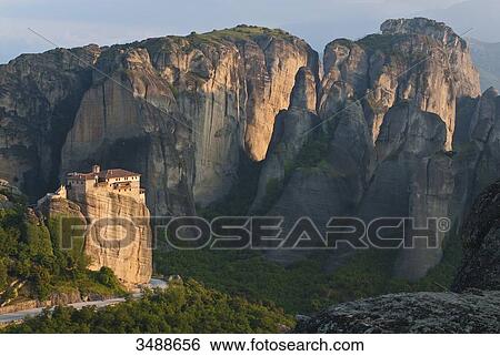 Europe, Grece, Plain of Thessaly, Valley of Penee, World Heritage of UNESCO since 1988, Orthodox Christian monasteries of Meteora perched atop impressive gray rock masses sculpted by erosion, the Roussanou convent View Large Photo Image Stock Photograph - Europe, Grece, Plain of Thessaly, Valley of Penee, World Heritage of UNESCO since 1988, Orthodox Christian monasteries of Meteora perched atop impressive gray rock masses sculpted by erosion, the Roussanou convent. Fotosearch