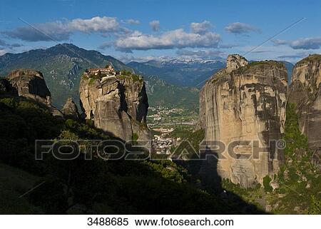 Stock Photography - Europe, Grece, Plain of Thessaly, Valley of Penee, World Heritage of UNESCO since 1988, Orthodox Christian monasteries of Meteora perched atop impressive gray rock masses sculpted by erosion, Monastery of Saint Trinity. Fotosearch