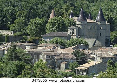 Stock Photography - France, Ardeche, Chambonas, Castle from the 12th-17th century, visible thanks to its towers with varnished tiles. Fotosearch