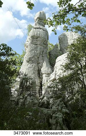 France, Ardeche, Chassagnes, Wood of Paiolive. Curious-looking white rocks in an oak forest. View Large Photo Image Stock Image - France, Ardeche, Chassagnes, Wood of Paiolive. Curious-looking white rocks in an oak forest.. Fotosearch