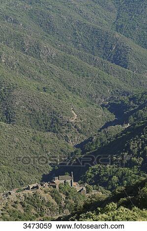 France, Ardeche, landscape, panorama of the Thines Valley, church, house View Large Photo Image Stock Photo - France, Ardeche, landscape, panorama of the Thines Valley, church, house. Fotosearch