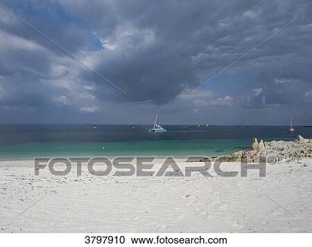 Stock Image - France, Brittany, Finistere, the Glenan Islands, Penfret island, the beach. Fotosearch