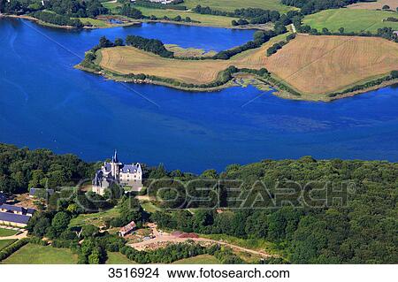Picture - France, Brittany, Morbihan. Aerial view. The Aven river.. Fotosearch