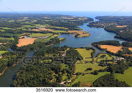 Stock Image - France, Brittany, Morbihan. Aerial view. The Aven river.. Fotosearch