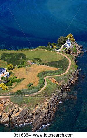 Picture - France, Brittany, Morbihan. Moelan sur mer. Guidel Plages. Aerial view.. Fotosearch
