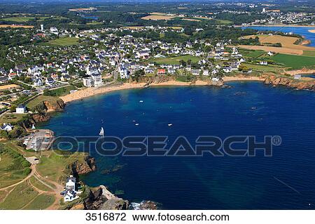 Stock Image - France, Brittany, Morbihan. Moelan sur mer. Le Pouldu. Aerial view.. Fotosearch
