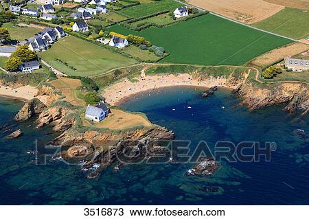 Stock Image - France, Brittany, Morbihan. Moelan sur mer. Le Pouldu. Aerial view.. Fotosearch