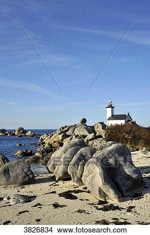 Picture - France, Brittany region, Finistere department, sea side at Brignogan-Plages city, lighthouse and beach at the tip of Pontusval.. Fotosearch
