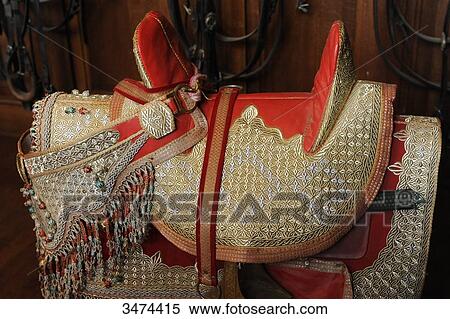 Stock Photography - France, Center of France, Arnac Pompadour, Pompadour National Stud Fram. The saddlery. Saddle of pageantry offered by the King of Morocco.. Fotosearch