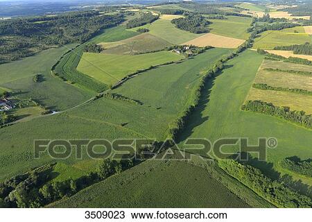 Stock Image - France, Dordogne, aerial view of meadows and corn fields. Fotosearch