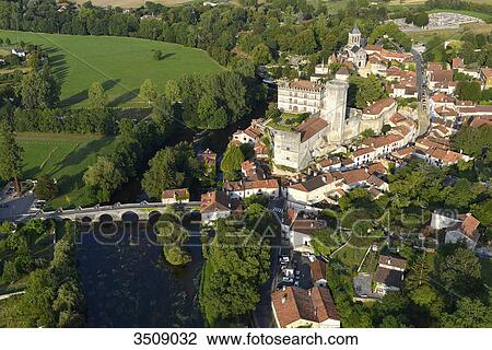 Stock Image - France, Dordogne, aerial view of the western part of Bourdeilles. Fotosearch