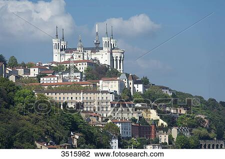 Stock Image - France. Lyon. The hill of Fourvire and the basilica Notre-Dame of Fourviere. Fotosearch