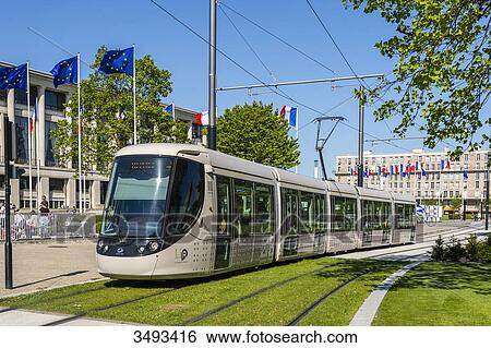 Stock Photograph - France, Normandy, Le Havre, City hall square, streetcar. Fotosearch