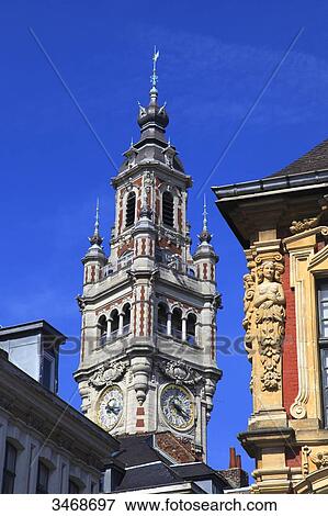 France, North-Eastern France, Lille, neo-Flemish style belfry of the Chamber of Commerce and Industry View Large Photo Image Stock Photo - France, North-Eastern France, Lille, neo-Flemish style belfry of the Chamber of Commerce and Industry. Fotosearch