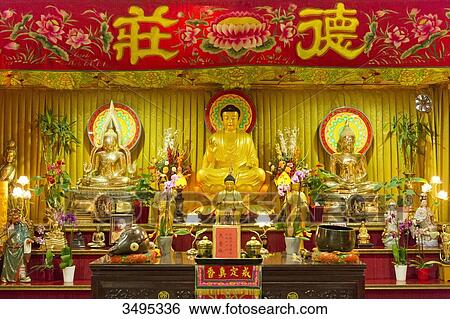 Stock Photograph - France. Paris 13th district. Parisian Chinatown. Altar of the Buddhist temple of the Teochew association in France. District of the Olympiades. Fotosearch