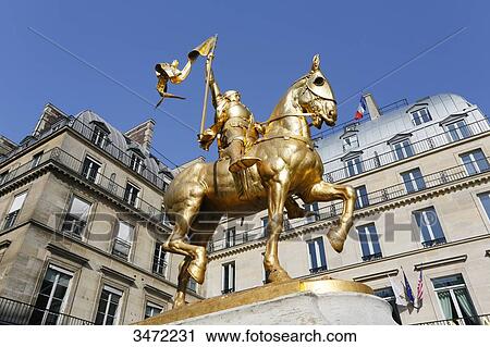 Stock Image - France, Paris. 1st arrondissement. Place des Pyramides. Equestrian statue of Joan of Arc.. Fotosearch