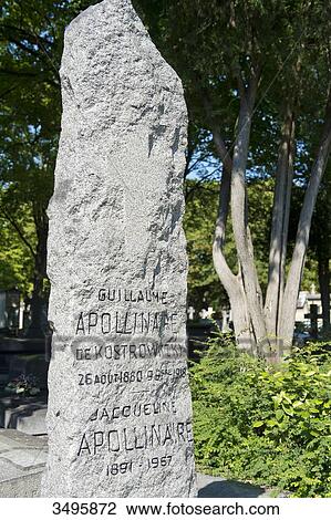 France, Paris 20th district. Pere Lachaise cemetery. The poet Guillaume Apollinaire's menhir grave (1880-1918) imagined by Pablo Picasso in 1924 View Large Photo Image Stock Image - France, Paris 20th district. Pere Lachaise cemetery. The poet Guillaume Apollinaire's menhir grave (1880-1918) imagined by Pablo Picasso in 1924. Fotosearch