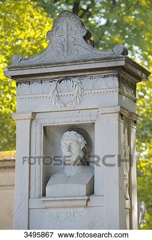 Stock Photo - France, Paris 20th district. Pere Lachaise cemetery. Grave of the painter Ingres (1780-1867). Bust realized by the sculptor Jean-Marie Bonnasieux (1868). Fotosearch
