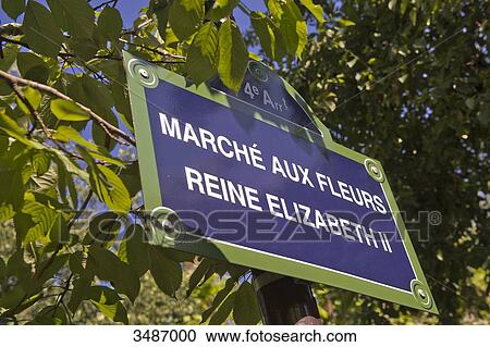 Stock Image - France. Paris 4th district. Ile de la Cite. Place Louis Lepine. Street plate of the Flower market renamed Flower market Queen Elisabeth II on June 7th, 2014. Fotosearch