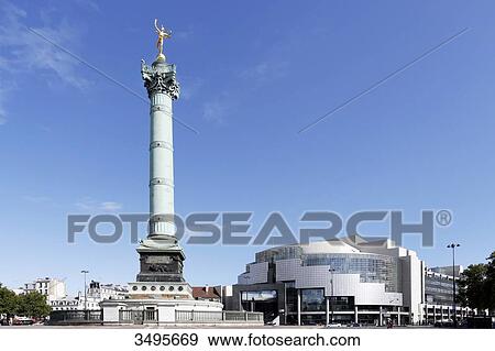 Stock Photo - France, Paris, Place de la Bastille, July Column, Genie de la Liberte Opera Bastille. Architect: Carlos Ott. Permission required for advertisement purpose.. Fotosearch