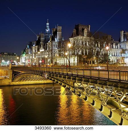 Stock Image - France, Paris, Pont d'Arcole at night. Fotosearch