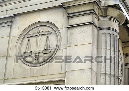 Stock Image - France, Seine et Marne. Coulommiers. Heritage Days. Courthouse. Symbol of justice on the facade.. Fotosearch
