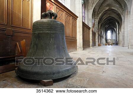 Stock Image - France, Seine et Marne. Nemours. City center. Saint Jean Baptiste church. Bronze bells, 1672.. Fotosearch