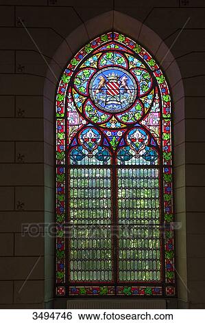 Stock Photograph - France, Southern France, Vileveyrac, Cistercian abbey of Holy Mary of Valmagne, 13th century, gothic style, stained glass in the refectory. Fotosearch