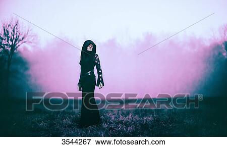 Gothic woman poses in a field with fog View Large Photo Image Stock Photo - Gothic woman poses in a field with fog. Fotosearch