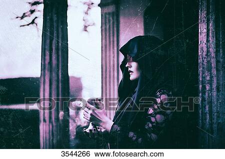 Gothic woman poses in front of a mausoleum View Large Photo Image Stock Photograph - Gothic woman poses in front of a mausoleum. Fotosearch