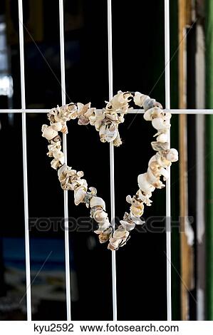 Stock Image - Heart shape made from sea shells hanging on a window. Fotosearch