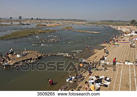 Stock Photography - India, Madhya Pradesh, Mandla, Ghats on Narmada river. Fotosearch