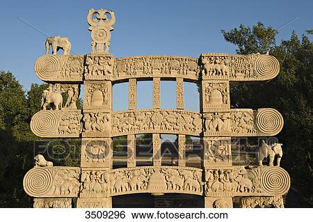 Stock Photograph - India, Madhya Pradesh, Sanchi, Rear of eastern Gateway; Stupa N1. Fotosearch