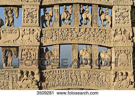 Stock Image - India, Madhya Pradesh, Sanchi, Rear view of the northern gateway (Torana); Stupa N1.. Fotosearch