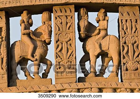 Stock Image - India, Madhya Pradesh, Sanchi, Rear view of the northern gateway; Stupa N1. Fotosearch