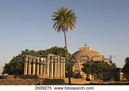 Stock Photography - India, Madhya Pradesh, Sanchi, Temple 18 and Stupa N1. Fotosearch