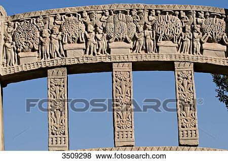 Stock Photo - India, Madhya Pradesh, Sanchi, Under bodhi tree; Upper architrave, Rear of eastern gateway; Stupa N1. Fotosearch