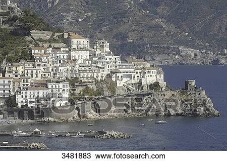 Italy, Amalfi Coast, Landscape, Panorama, Amalfi is a small Spanish-looking town whose high white houses are perched on the slopes of the hills in front of a deep blue sea. View Large Photo Image Stock Image - Italy, Amalfi Coast, Landscape, Panorama, Amalfi is a small Spanish-looking town whose high white houses are perched on the slopes of the hills in front of a deep blue sea.. Fotosearch